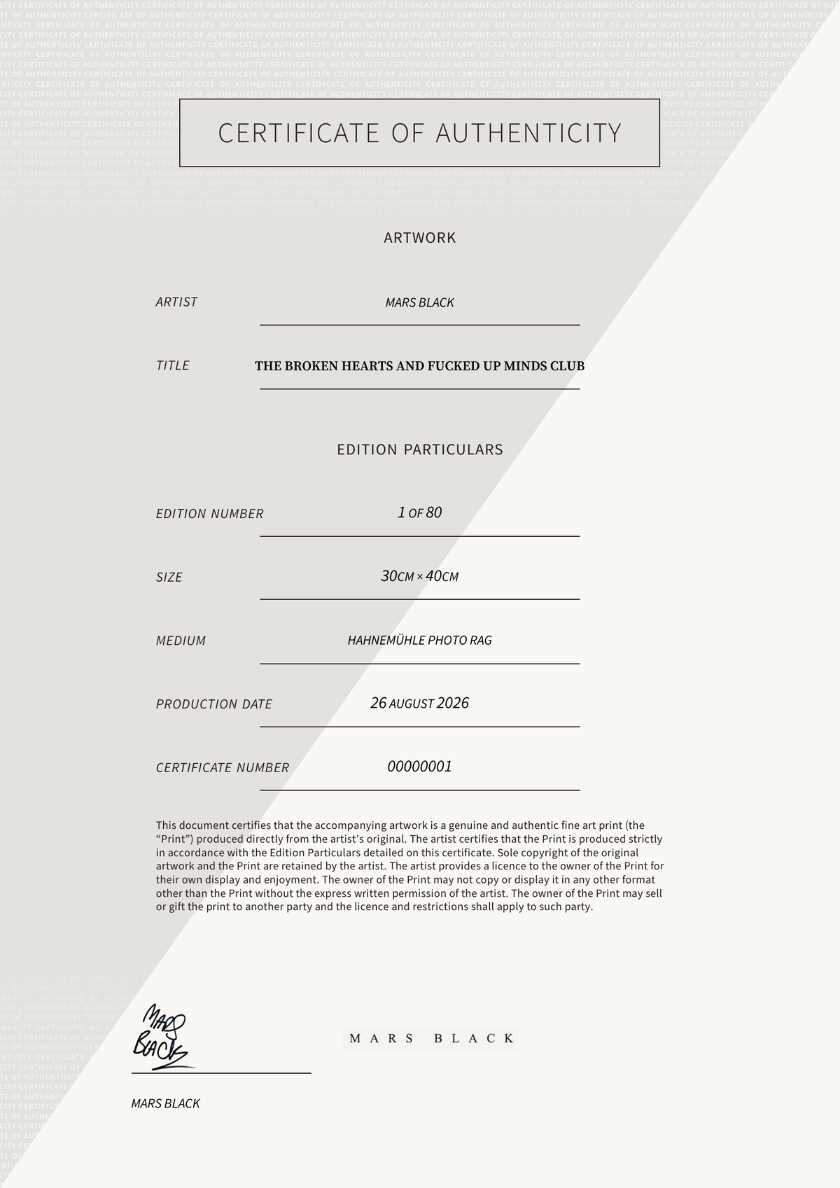 The broken hearts and fucked up minds club — Certificate of Authenticity
