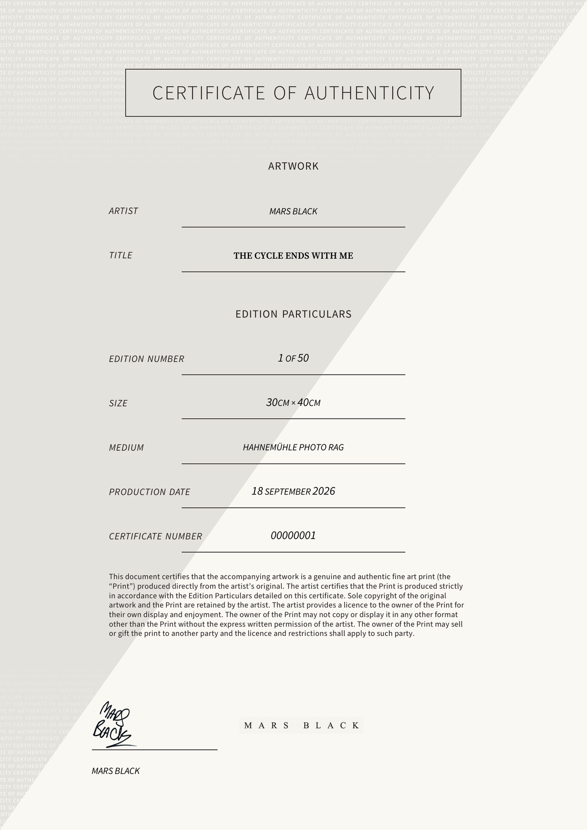 The cycle ends with me — Certificate of Authenticity